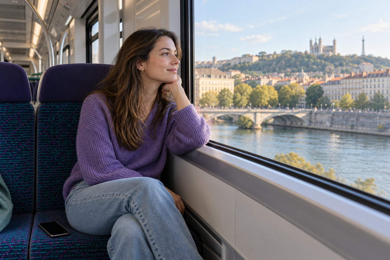 A passenger enjoys the view from a train with her smartphone resting beside her