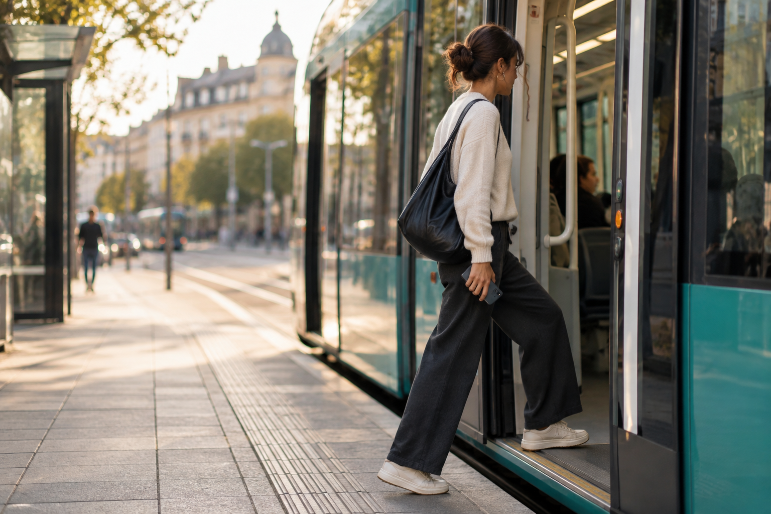 A passenger boards a tram with her smartphone at her side